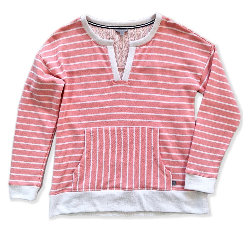 Talbots Long Sleeve Coral White Split Neck Sweatshirt Kangaroo Pocket Size S